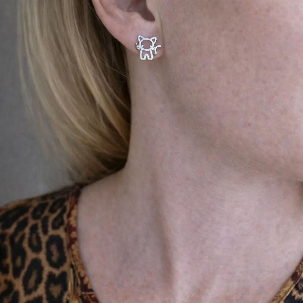 Cute Silver Cat Stud Earrings